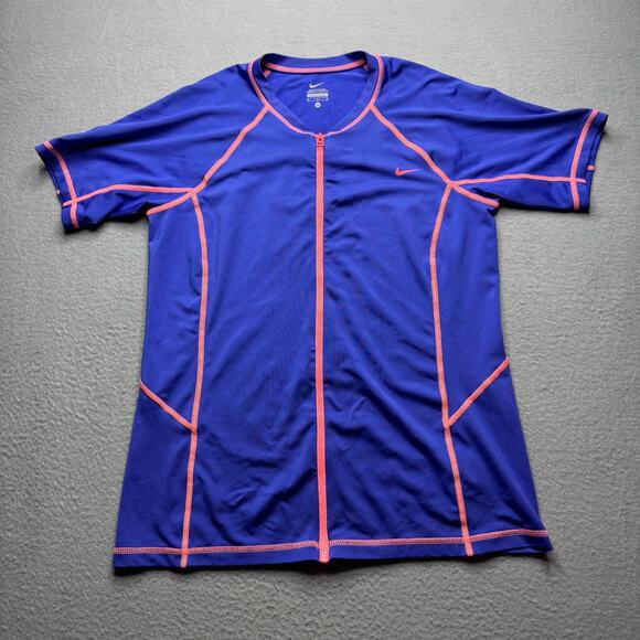 Nike Women's Hydro Rash Guard Short Sleeve Blue and Pink Full Zip - Size Medium - Picture 1 of 9